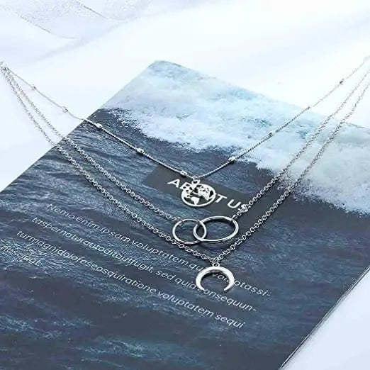 Fashion Bohemian Layered Chain Hollow Map Moon Shape Pendant Necklace for Women