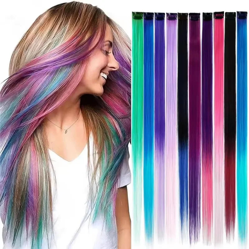 Fashionable Colored Wigs Highlight Rainbow Hair Extensions Wigs Clip in One Piece 22 Inches Straight Wig Hair Accessory for Kids