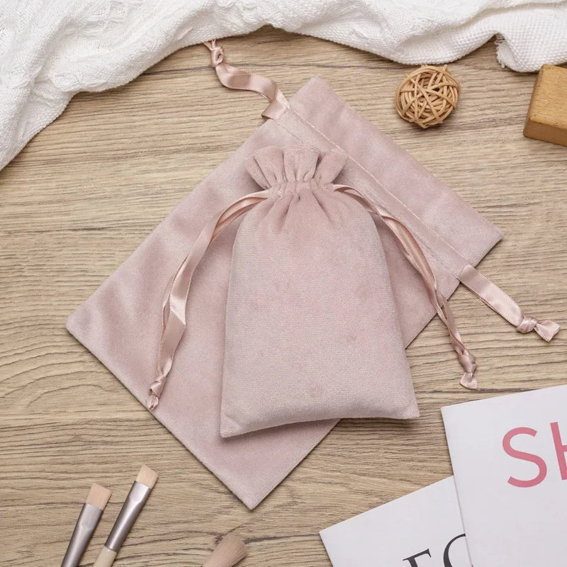 Luxury Custom Logo Screen Printed Pink Satin Lined Biodegradable Recyclable Reusable Gift Jewelry Cosmetic Drawstring Velvet Bag