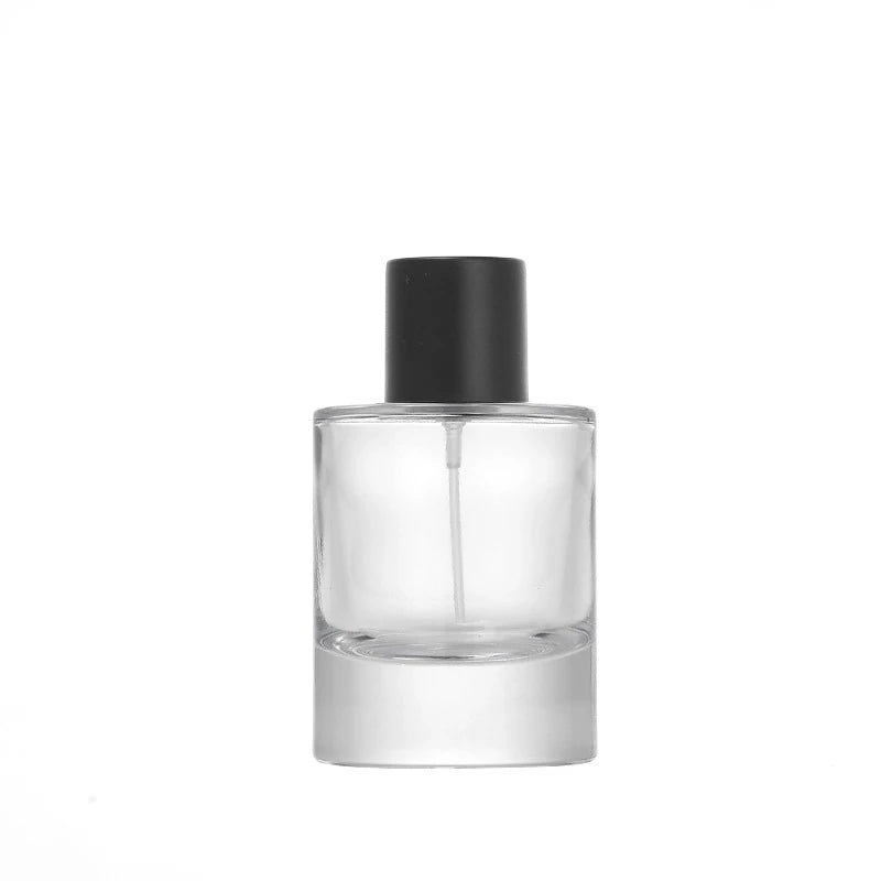 Clear 50ml Thick Bottom Cylindrical Glass Perfume Bottle 15mm Crimp Neck Pump Sprayer Screen Printing Matte Black PP Lid Empty