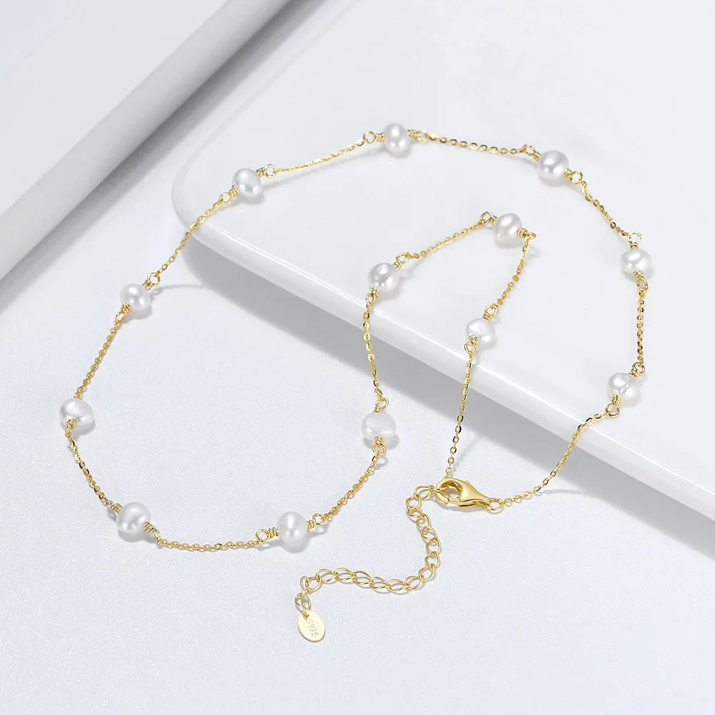 New French Style S925 Sterling Silver Gold Plate Necklace Freshwater Pearl Handmade Design Simple Necklace Chain