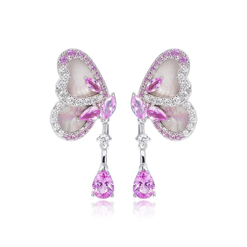 Aimgal Women's Pink Butterfly Stud Earrings Mother-of-Pearl 5A Zircon 18K Gold-Plated 925 Silver Anniversary Luxury Fine Jewelry