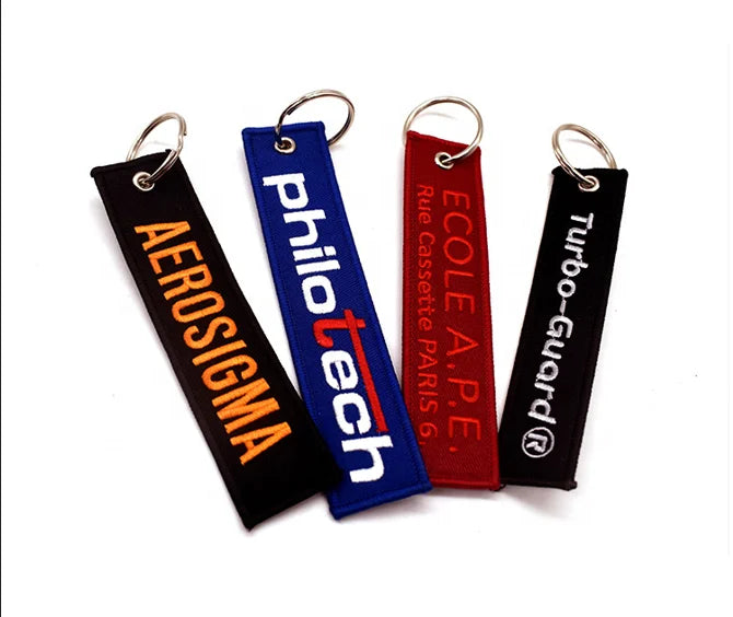 Customized Double Sides Key Tag Custom Embroidered Key Chain with Keyring Fabric Tag Woven Keychain