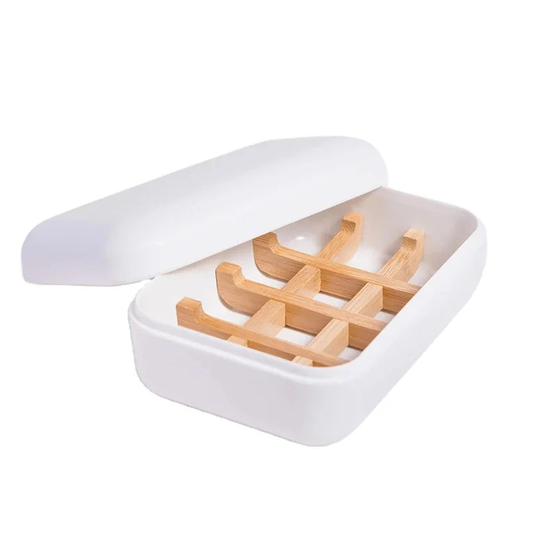 BAMBWARE 2023 Modern Luxury Eco-Friendly Bamboo Fiber Soap Dish Box for Bathroom Shower Bulk Packaging Travel Use