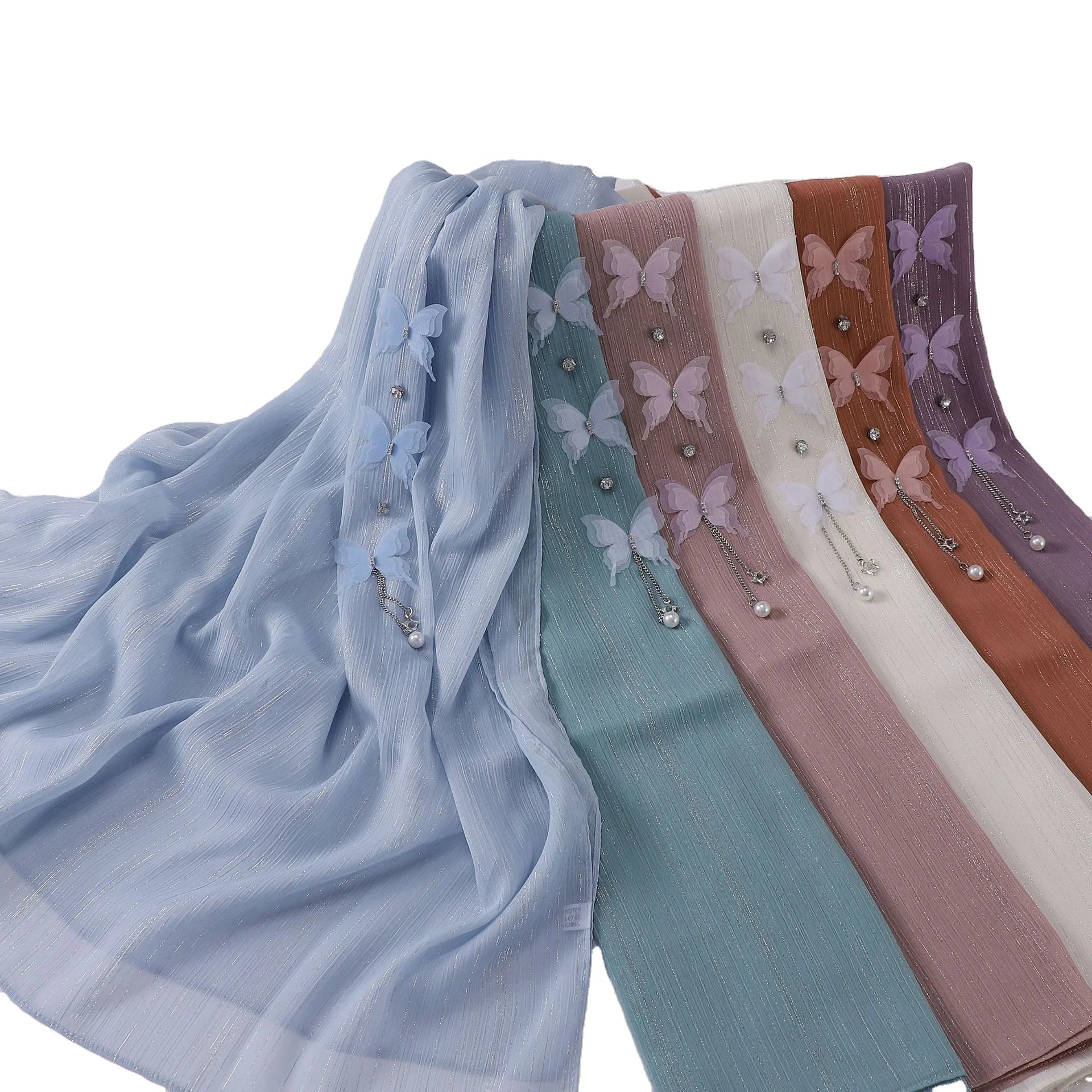 CCY Hot Selling Luxury Pleated Women Muslim Scarf Butterfly Hijabs Shawl Long Glitter Head Crinkle Hijab