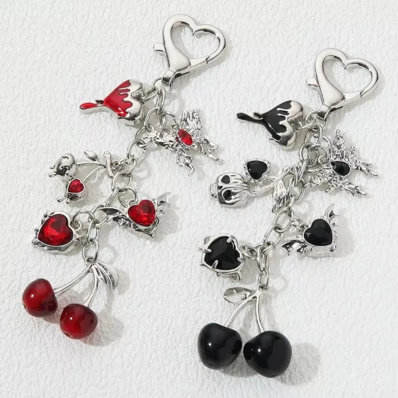 Elegant Skull Butterfly Diamond Heart Luck Star Cherry Charms Keychain for Bag Sweet Cherry Jewelry Bag Charm French Key Rings