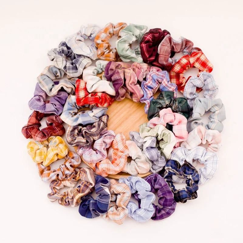 Wholesale Fabric Gingham Scrunchy Elastic Hair Ties Band Bulk Stripe Checker Hair Scrunchie Plaid for Girls