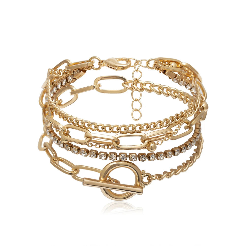 Women's Versatile Multi-Layer Bracelet Simple Geometric OT Buckle Mixed Diamond Bead Creativity Hand Stainless Steel Copper