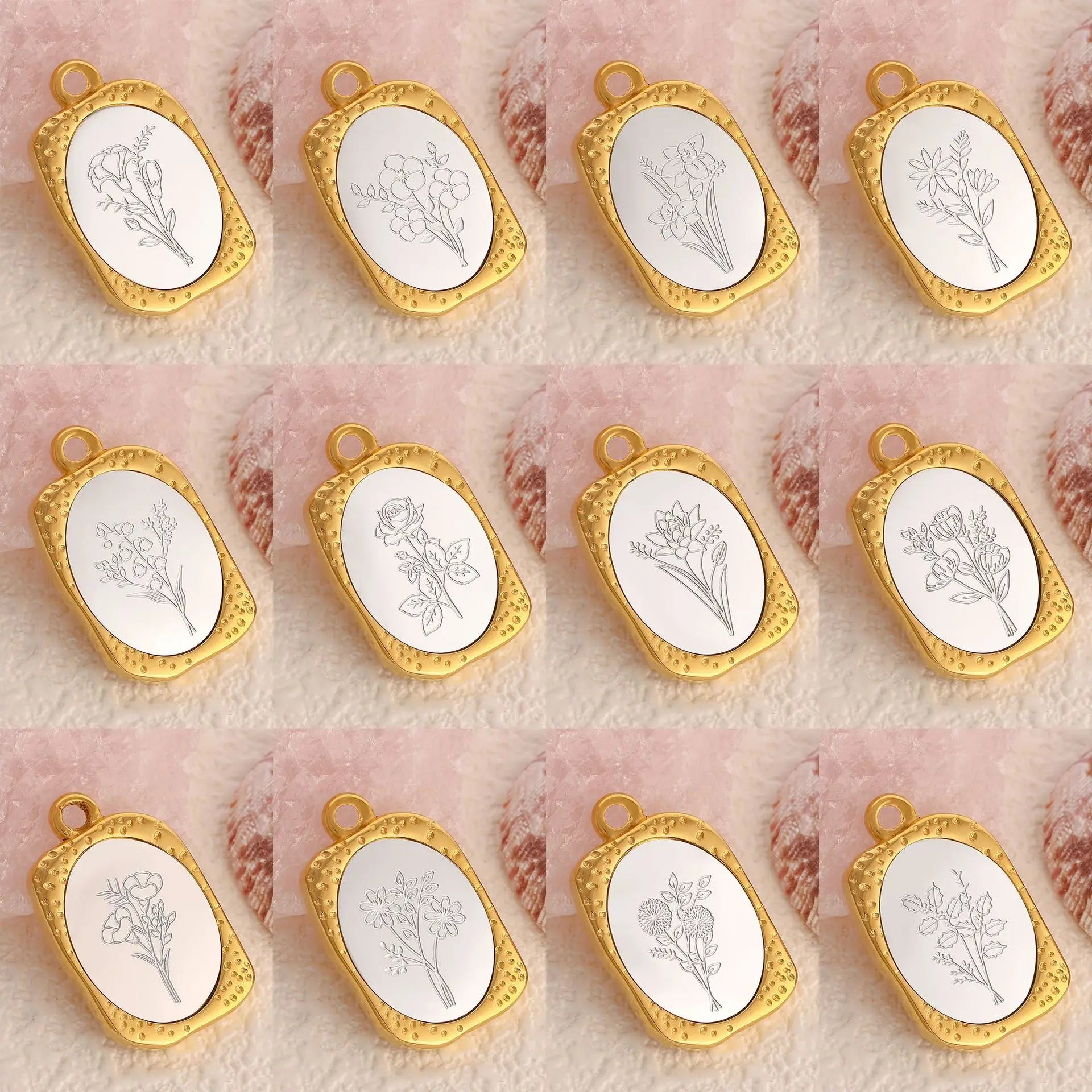 Fine Jewelry Accessories 304 Stainless Steel Rectangle with Twelve Zodiac Flower Charm Golden Pendant
