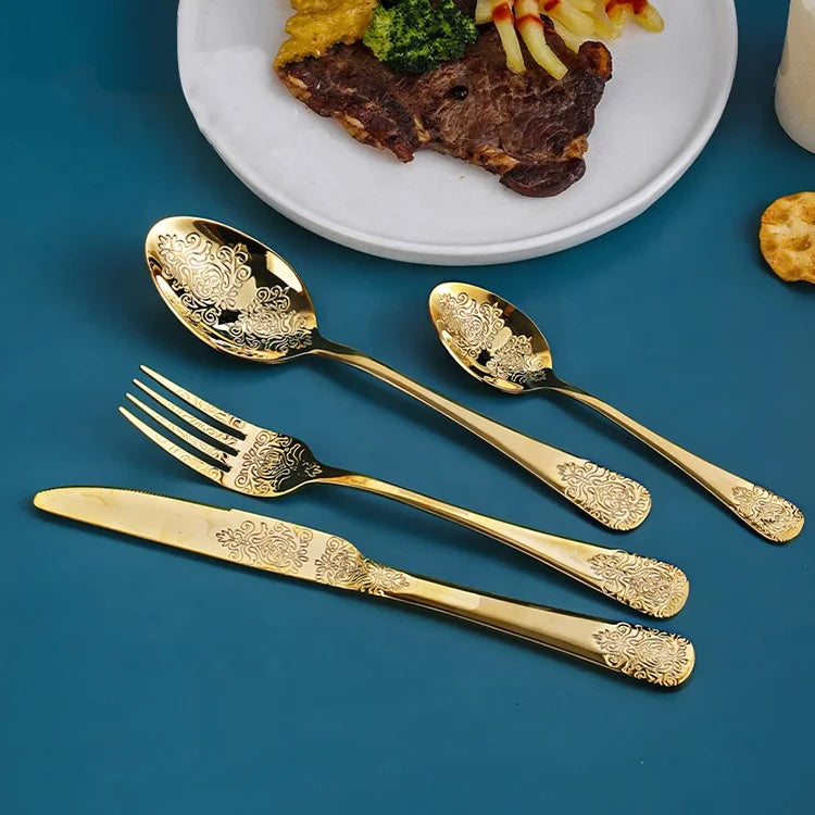 4-Piece Luxury Pattern Arabesquitic Stainless Steel Flatware Set Fork Spoon Knife Business Gifts