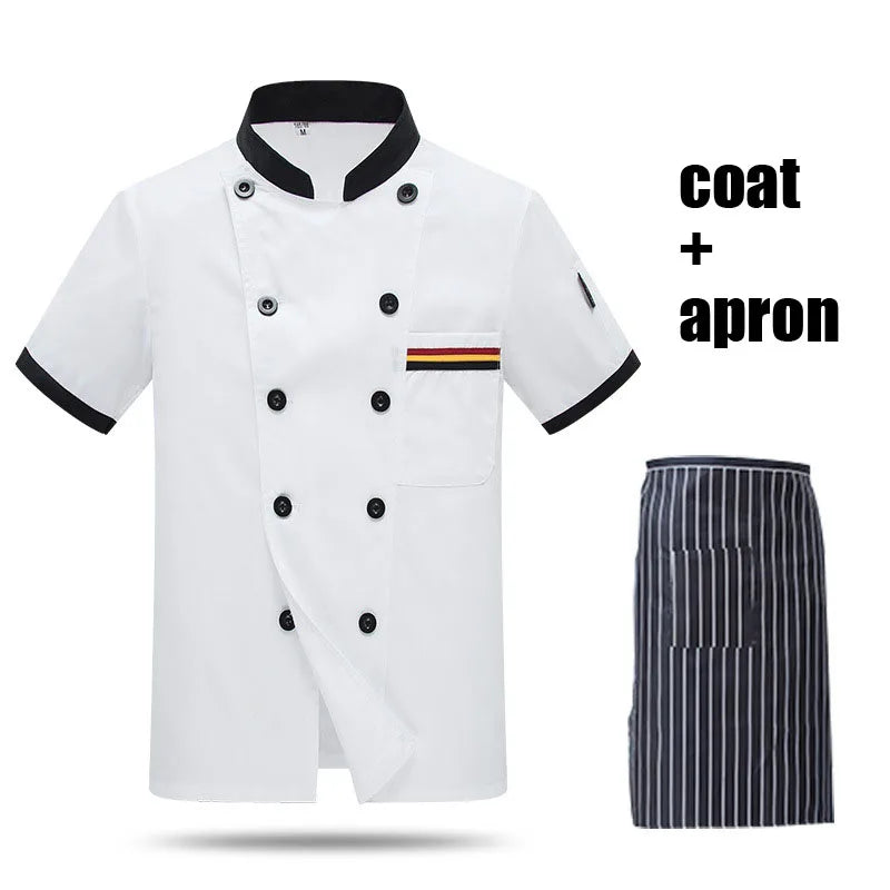 Wholesale Custom Chef's Short Sleeve Work Clothes Catering Restaurant Cafeteria Bar Hotel Kitchen Chefs Uniform Jacket and Apron