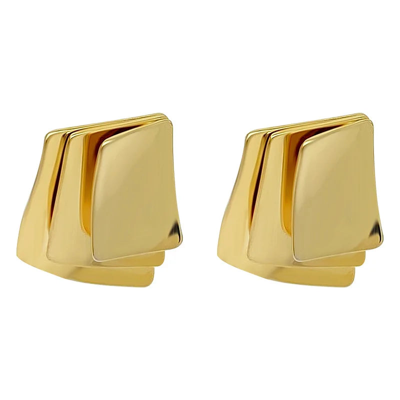 Gold Silver Metal Bling Waterproof Trendy Jewelry New Glossy Stainless Steel Square Layered Overlay Stud Earrings