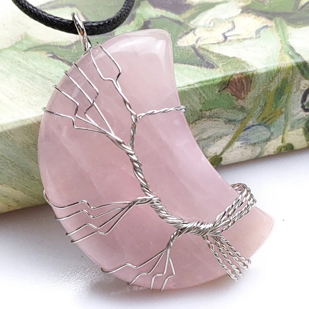 HZ Arrival Rose Quartz Stone Tree of Life Handmade Wire Wrap Moon Shape Crystal Pendant Necklaces Jewelry