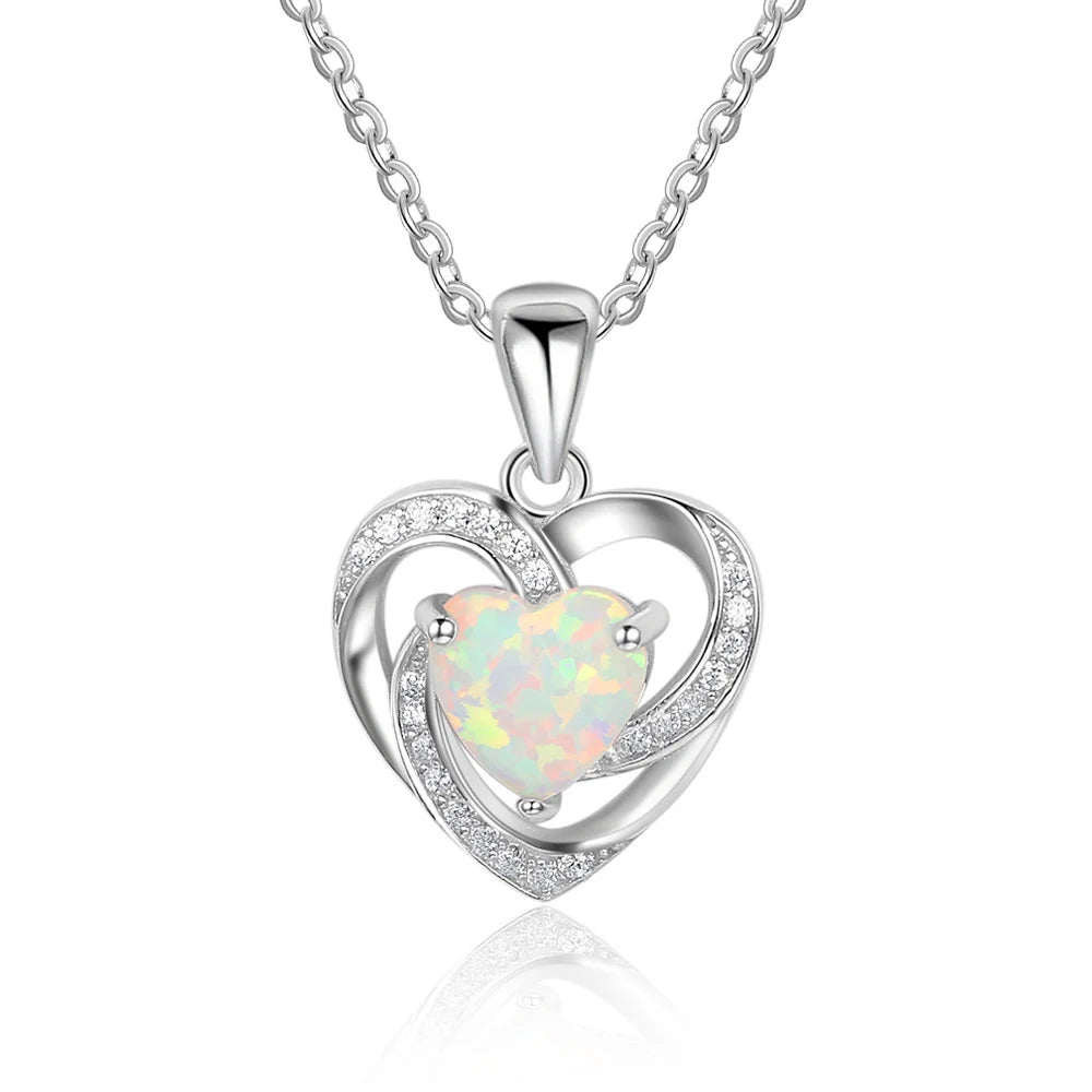 Women's Luxury 18-Inch 925 Sterling Silver Necklace with Heart Crystal and Natural Opal Link Chain for Weddings and Gifts