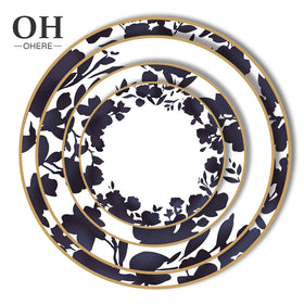 Luxury Black Floral Bone China Charger Plate Set Wedding Decoration Dinnerware Porcelain Eco-Friendly Stocked Tabletop