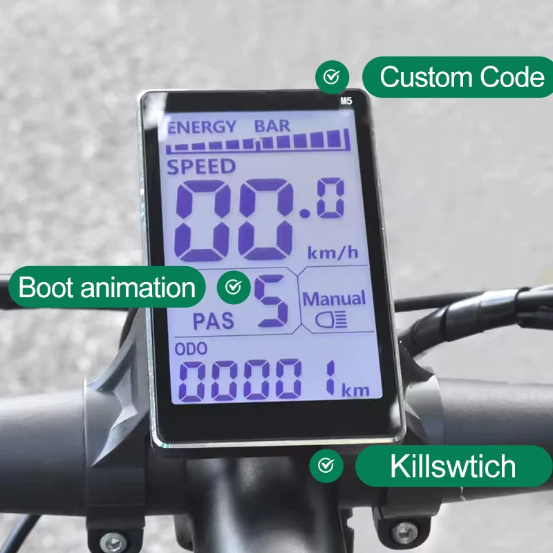 All-In-One Waterproof LCD Ebike Display for Road Bikes Aluminum Alloy Housing 24-60V Voltage Tracking Speed/Distance/Trip