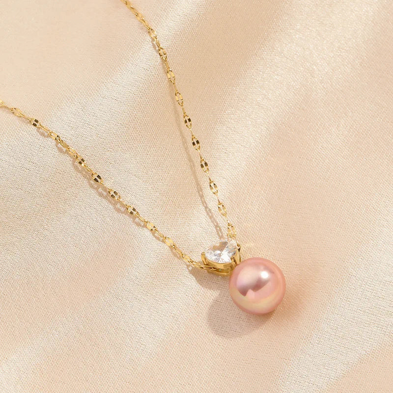Cross Border Titanium Steel Necklace Diamond Necklace and pink Pearl Necklace Pendant