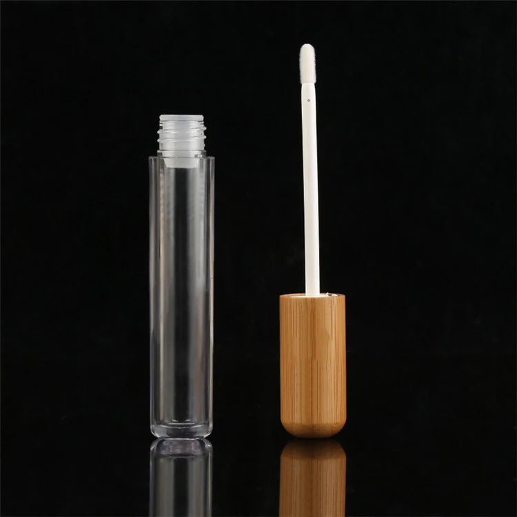 5ml AS Plastic Lip Gloss Container Tube with Brush Bamboo Lid for Cosmetics