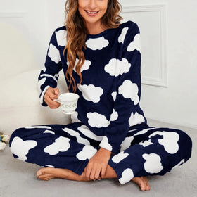 customize Autumn Winter Women's Fluffy Pajamas Set Warm Nightwear Cloud Pattern Ladies Sleepwear for Two-piece