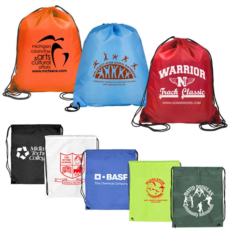 Custom Logo Drawstring Backpack Black Polyester Cinch Sack for Sports School Gym Marathon-for Storage Bags Drawstring Closure