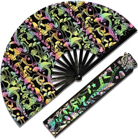 Large Rave Bamboo Folding Clack Mushroom Hand Fan With Holster for Men/Women Handheld Fan for EDM Music Festival