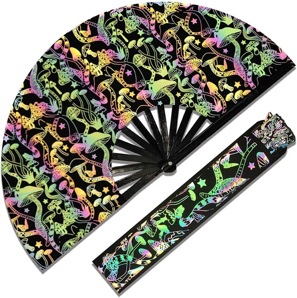 Large Rave Bamboo Folding Clack Mushroom Hand Fan With Holster for Men/Women Handheld Fan for EDM Music Festival
