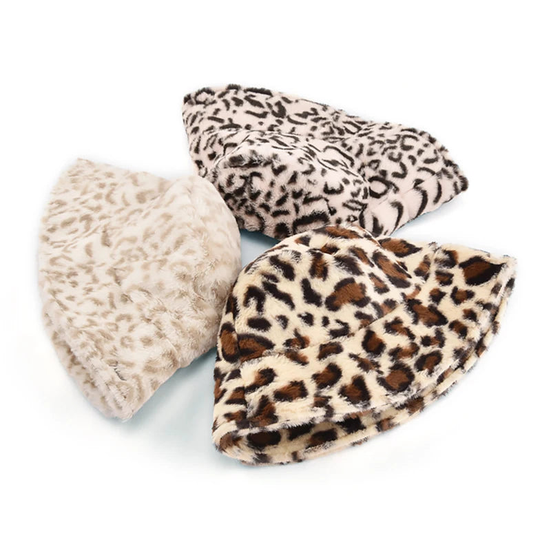 Wholesale Custom Women Colorful Leopard Printed Pattern Design Winter Thick Furry Plush Fisherman Bucket Hat Caps