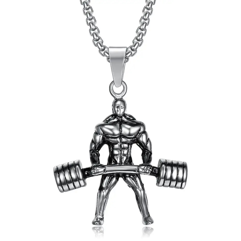 Olivia Trend Fitness Muscle Men Dumbbell Necklace Silver Sports Stainless Steel Punk Gym Bodybuilding Jewelry Necklace