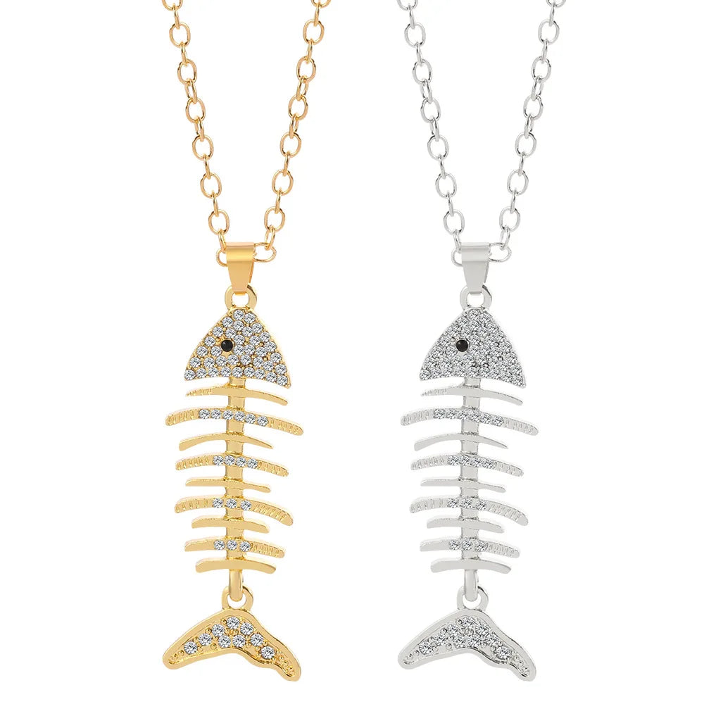 2022 Wholesale Vintage Chain Necklace Pendant Fashion Hip Hop Necklace Punk Crystal Silver Gold Fish Necklace for Women