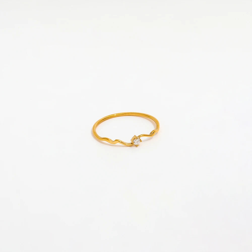 Joolim Jewelry 18K Gold Plated  Stainless Steel Shiny Waved Zirconia Pentastar Lines Rings for Women