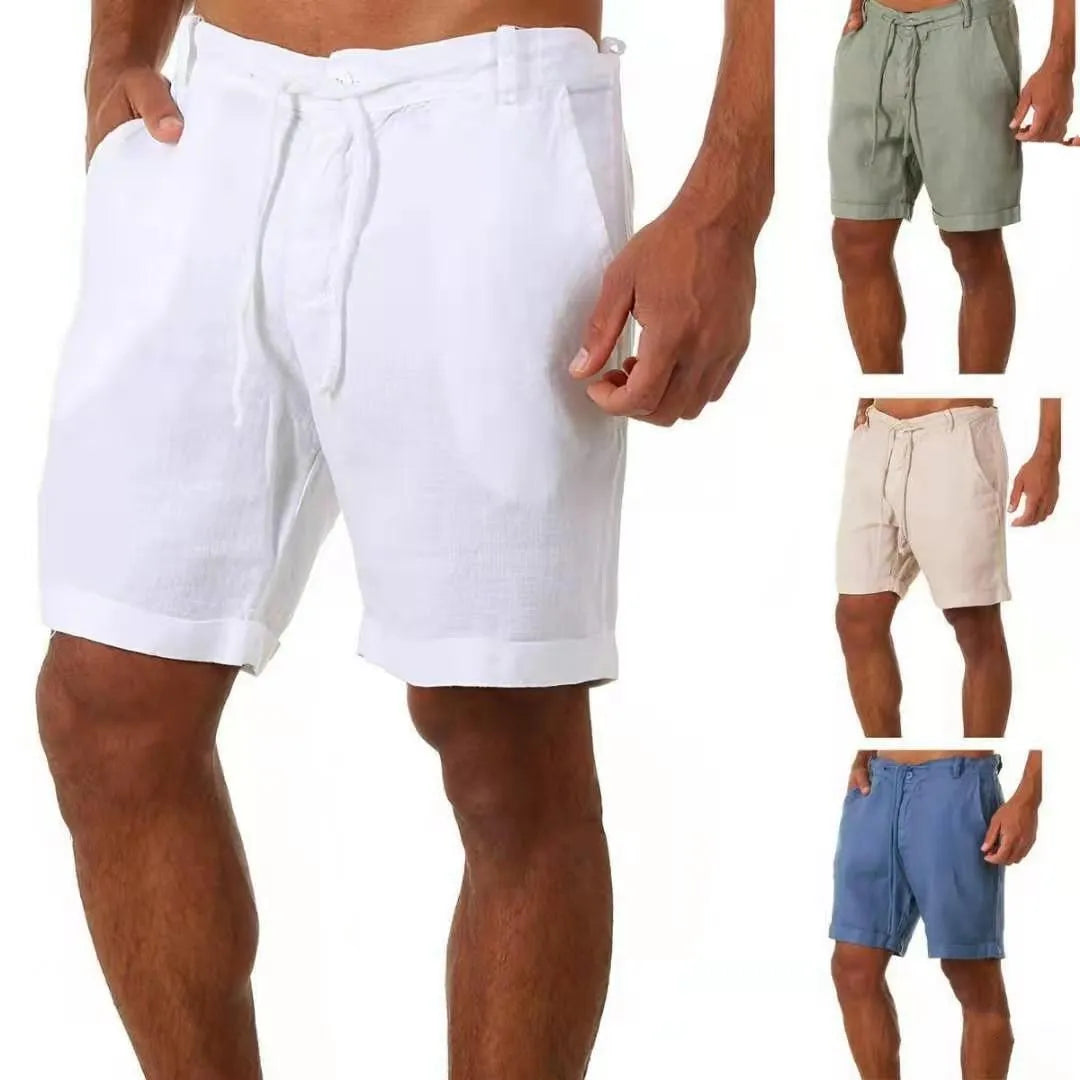 Men's Casual Summer Sports Shorts New Fashion Solid Color Cotton Linen Breathable Thin Lace-up Design Plain Dyed Leisure Style MegaBDM