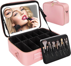 Large Makeup Bag With Light up Mirror Lighted Makeup Case with Adjustable Dividers and Adjustable Brightness
