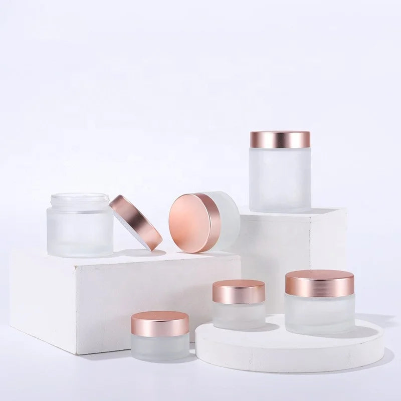 Translucent Frosted Glass Cream Jars-5g to 100g Sizes for Skin Care Cream with Rose Gold Cap & Convenient for Use