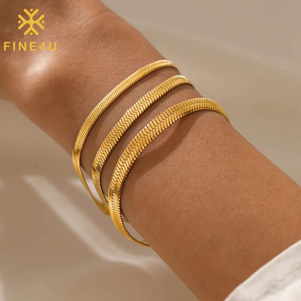 Tarnish Free Minimalist Trendy Women Jewelry Gold Plated Stainless Steel Flat Snake Chain Bracelet