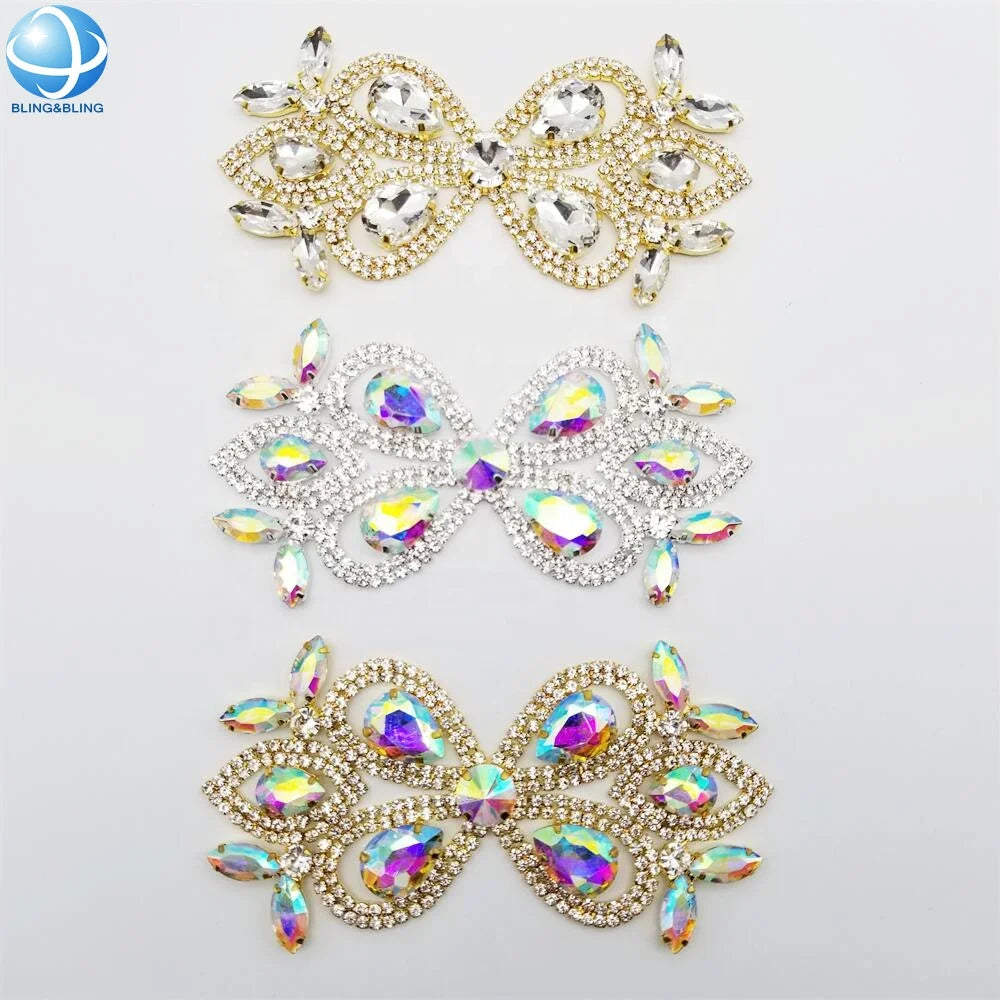 Diamante Crystal Jewelry Hand Sew Rhinestone Motif Applique Patch for Wedding Party Dresses