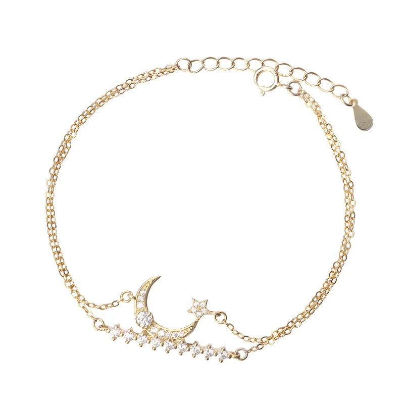 Fine 925 Sterling Silver Moon and Star Bracelets Dainty 18k Gold Double Layer Bracelet for Women