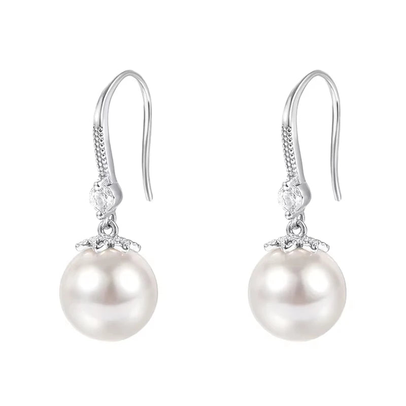 Hot Sale Fashion 999 Sterling Silver Elegant Jewelry Zircon Pearl Dangle Drop Hook Korea Earrings for Women