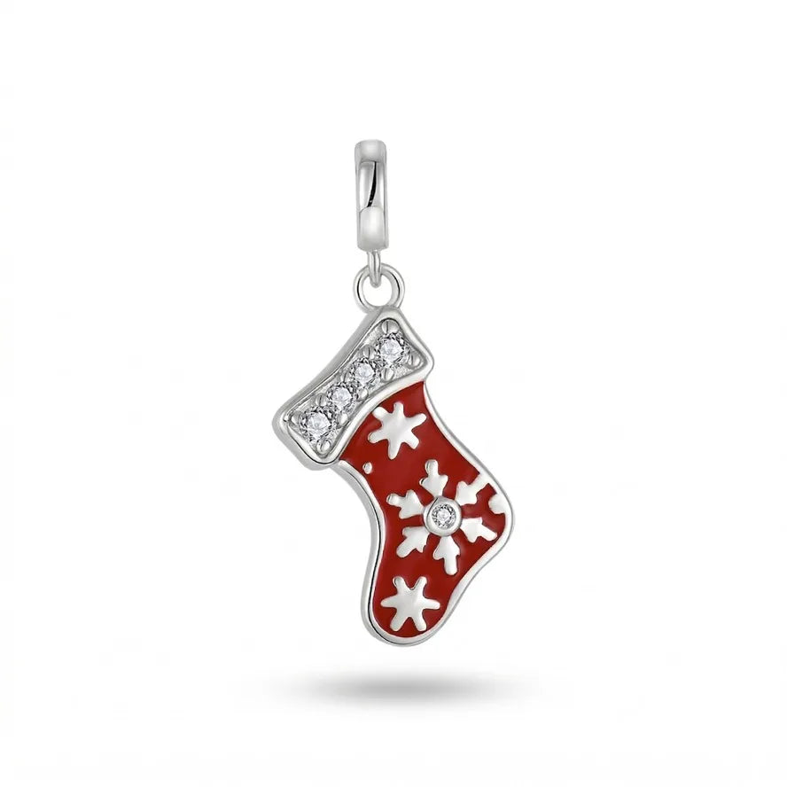 925 Sterling Silver Rhodium Plated Red Enamel Christmas Stocking Charm Pendant Trending Jewelry for 2024 Womens Accessories