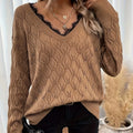 Latest Design Ladies V-Neck Pullover Sweater Casual Winter Knit with Front Logo Tie Drop Shoulder Pointelle Style