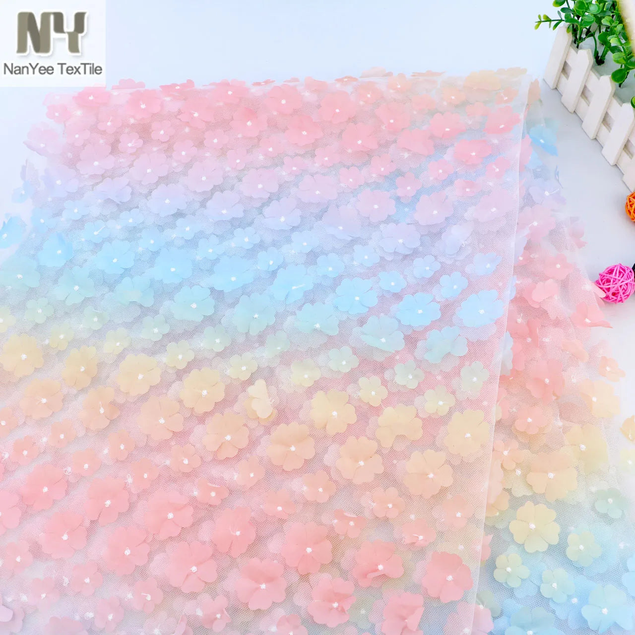 Nanyee Textile Multi Colors Space Dyed Lace Floral Applique Embroidery Fabric on Tulle