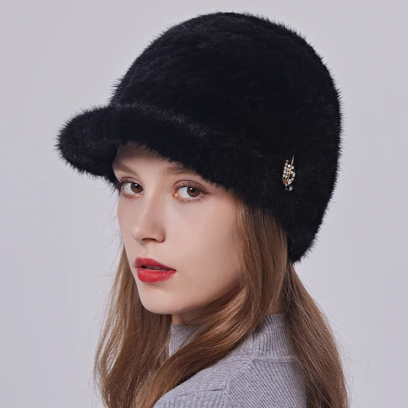 Winter Weaved Mink Fur Hats for Women Genuine Fur Baseball Caps Warm Knitted Beanie With Brim Custom Decoration Fur Beanie