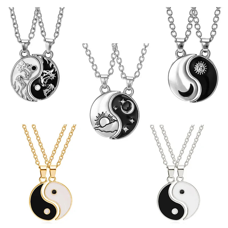 Yin Yang Tai Chi Matching Necklaces Jewelry Friendship Couple Necklaces Enamel Dragon Sun Pendant Chain Necklace