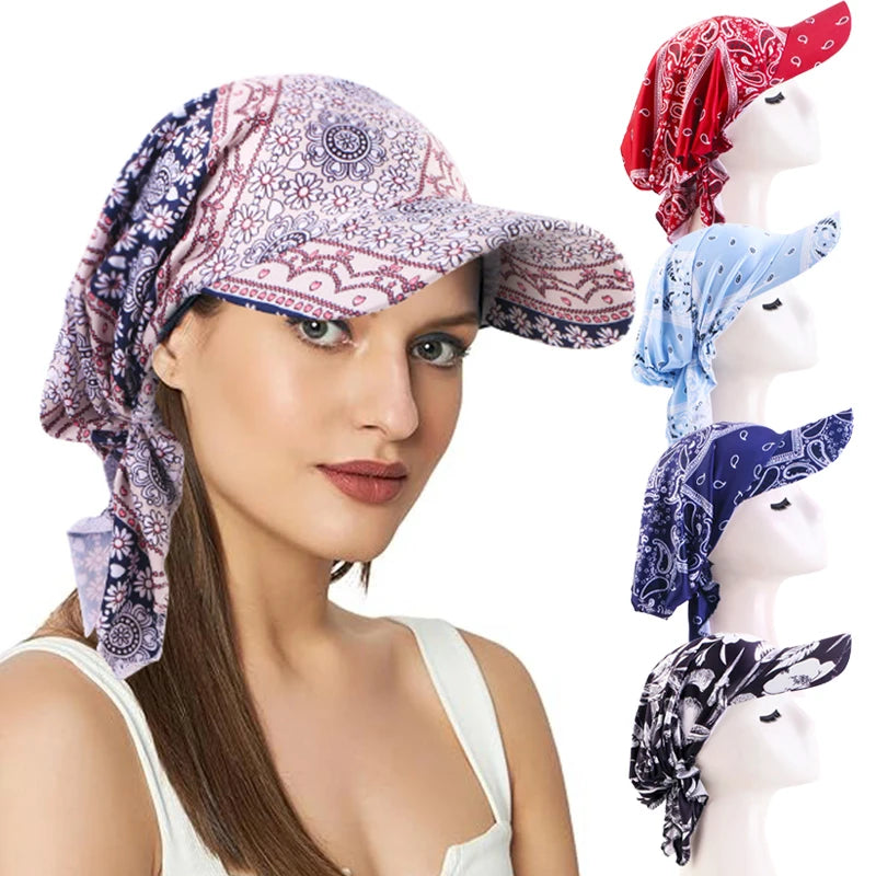 Ethnic Muslim Women Hijab Summer Beach Sun Visor Paisley Floral Turban Pre Tied Headwrap Baseball Cap