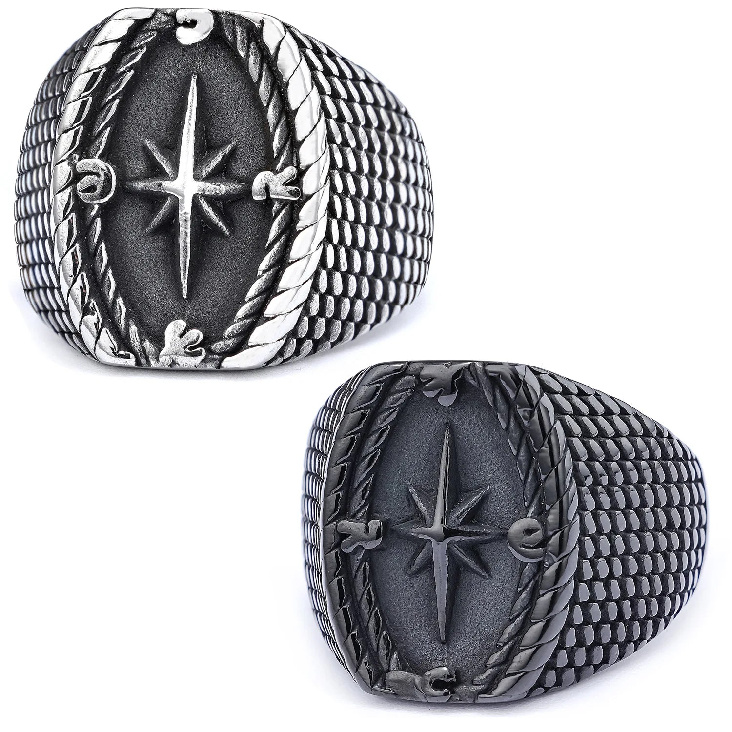 European American Style Titanium Steel Compass Viking Myth Totem Ring for Men