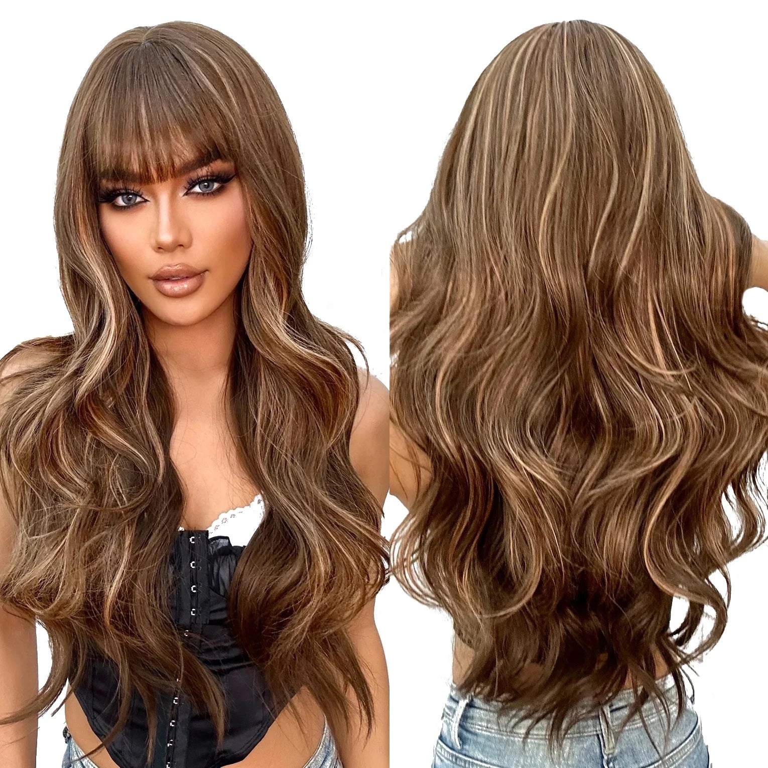 Brown Highlight Synthetic Wigs with Bang Long Body Wavy Wig for White Women Heat Resistant Soft FalseHair Party Daily