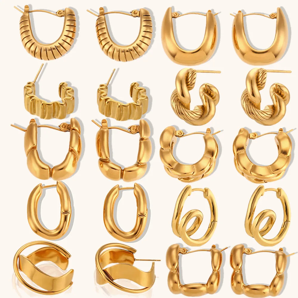Various Geometric 18K Gold Stainless Steel Huggie Hoop Earrings Twisted Spiral Fold Circle Charm Earrings Women Jewelry