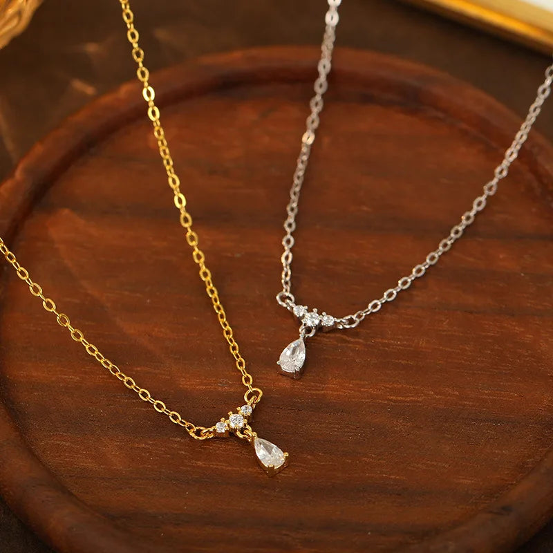 Korean Version Fashion 925 Sterling Silver Water Drop Shape Zircon Necklace Jewelry 18K Gold Plated Dangling Necklaces for Women