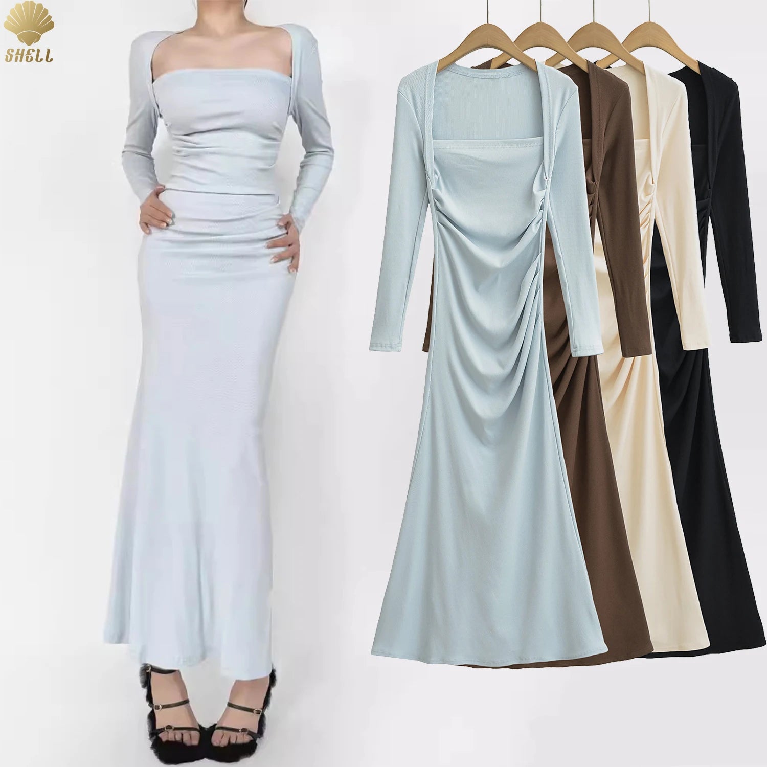 CNSHELL Cotton Soft Lounge Square Neck Ankle Length Side Fold One Piece Micro Rib Long Sleeve Elegant Fishtail Dress