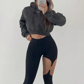 F230758 Custom Hoodies Women's Casual Drop Shoulder Hoodie Kangaroo Pocket Drawstring Crop Top Hoodie Sweatshirt for Women