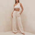 Women Custom Knit Crop Sweater Vest Set One Shoulder Crop Top Chenille Flare Trousers Womens 2 Piece Loungewear Lounge Wear Sets